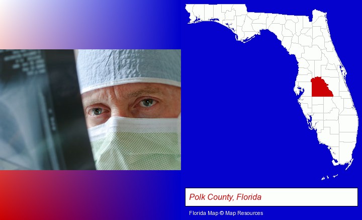 a physician viewing x-ray results; Polk County, Florida highlighted in red on a map