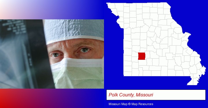 a physician viewing x-ray results; Polk County, Missouri highlighted in red on a map