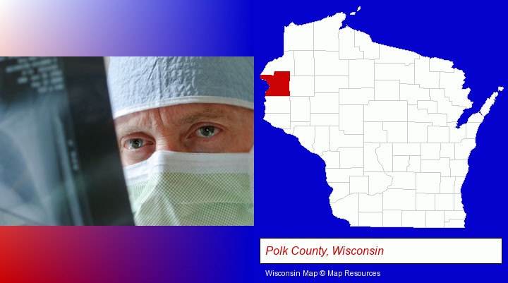 a physician viewing x-ray results; Polk County, Wisconsin highlighted in red on a map