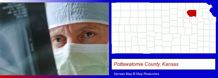 a physician viewing x-ray results; Pottawatomie County, Kansas highlighted in red on a map