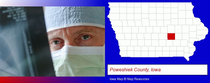 a physician viewing x-ray results; Poweshiek County, Iowa highlighted in red on a map