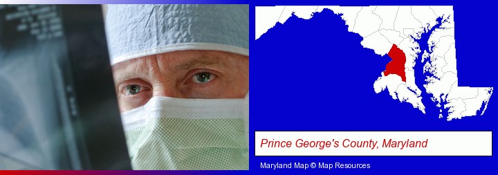 a physician viewing x-ray results; Prince George's County, Maryland highlighted in red on a map