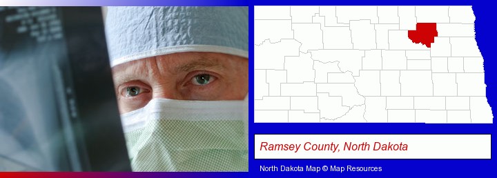 a physician viewing x-ray results; Ramsey County, North Dakota highlighted in red on a map