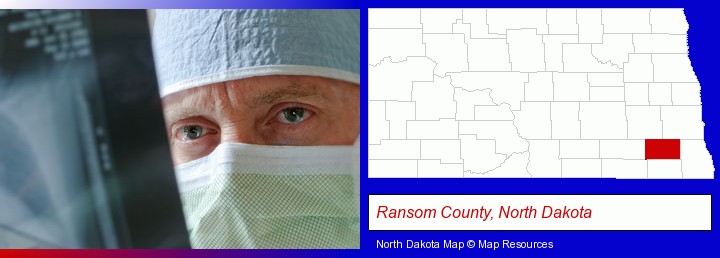 a physician viewing x-ray results; Ransom County, North Dakota highlighted in red on a map