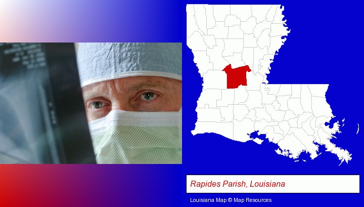 a physician viewing x-ray results; Rapides Parish, Louisiana highlighted in red on a map
