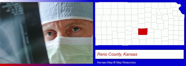 a physician viewing x-ray results; Reno County, Kansas highlighted in red on a map