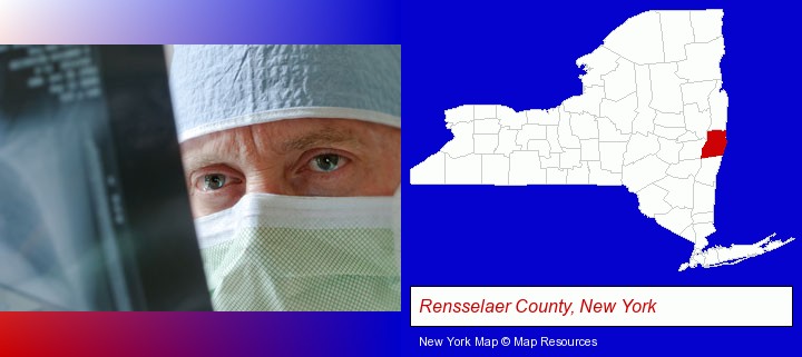 a physician viewing x-ray results; Rensselaer County, New York highlighted in red on a map