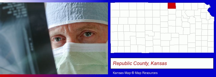 a physician viewing x-ray results; Republic County, Kansas highlighted in red on a map