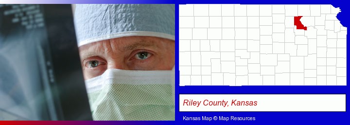 a physician viewing x-ray results; Riley County, Kansas highlighted in red on a map