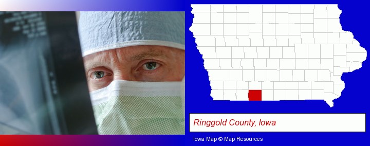 a physician viewing x-ray results; Ringgold County, Iowa highlighted in red on a map