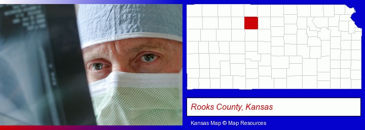 a physician viewing x-ray results; Rooks County, Kansas highlighted in red on a map