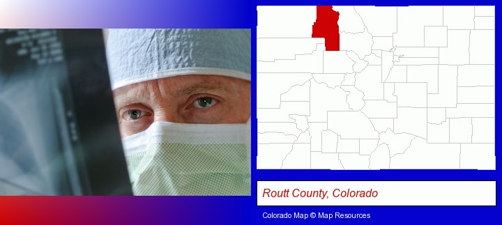 a physician viewing x-ray results; Routt County, Colorado highlighted in red on a map