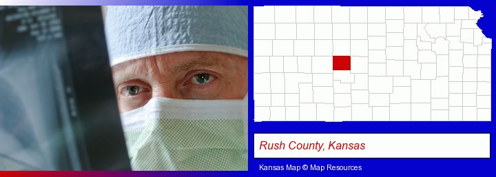 a physician viewing x-ray results; Rush County, Kansas highlighted in red on a map