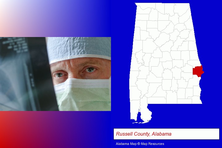 a physician viewing x-ray results; Russell County, Alabama highlighted in red on a map