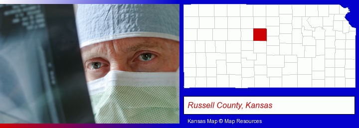 a physician viewing x-ray results; Russell County, Kansas highlighted in red on a map