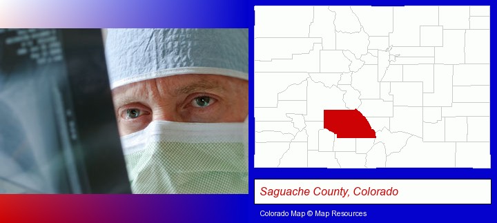 a physician viewing x-ray results; Saguache County, Colorado highlighted in red on a map