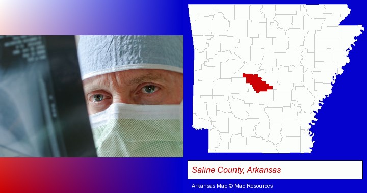 a physician viewing x-ray results; Saline County, Arkansas highlighted in red on a map