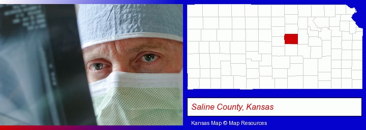 a physician viewing x-ray results; Saline County, Kansas highlighted in red on a map