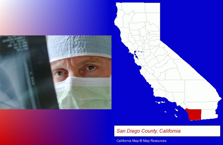 a physician viewing x-ray results; San Diego County, California highlighted in red on a map
