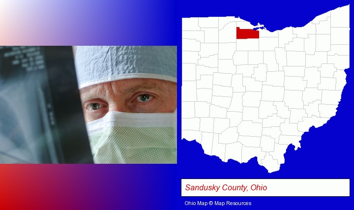 a physician viewing x-ray results; Sandusky County, Ohio highlighted in red on a map
