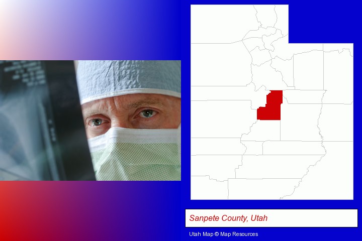 a physician viewing x-ray results; Sanpete County, Utah highlighted in red on a map