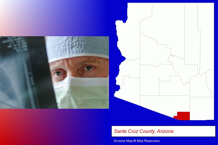 a physician viewing x-ray results; Santa Cruz County, Arizona highlighted in red on a map