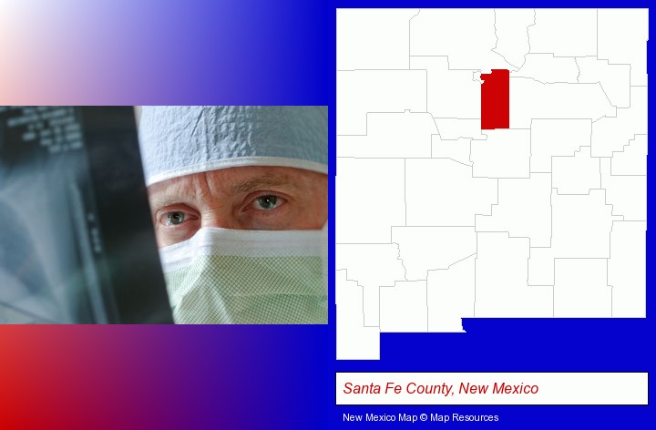 a physician viewing x-ray results; Santa Fe County, New Mexico highlighted in red on a map