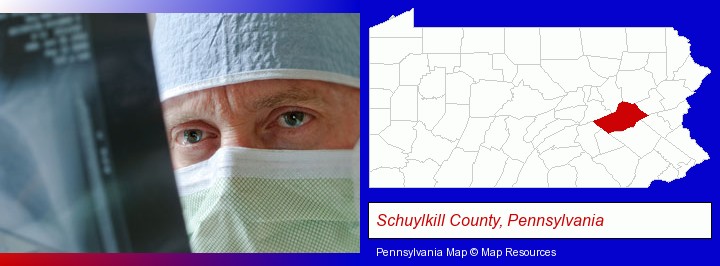 a physician viewing x-ray results; Schuylkill County, Pennsylvania highlighted in red on a map