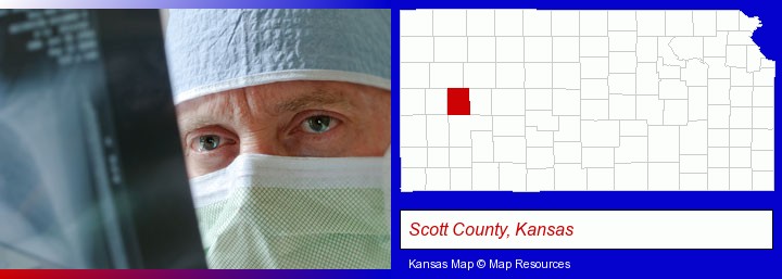 a physician viewing x-ray results; Scott County, Kansas highlighted in red on a map