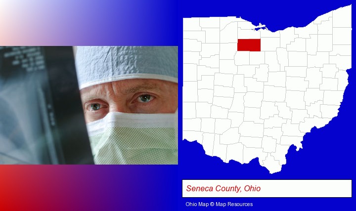 a physician viewing x-ray results; Seneca County, Ohio highlighted in red on a map