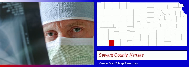 a physician viewing x-ray results; Seward County, Kansas highlighted in red on a map