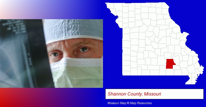 a physician viewing x-ray results; Shannon County, Missouri highlighted in red on a map