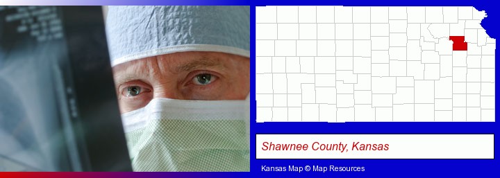 a physician viewing x-ray results; Shawnee County, Kansas highlighted in red on a map