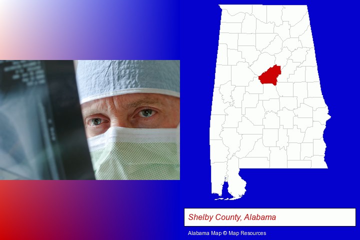a physician viewing x-ray results; Shelby County, Alabama highlighted in red on a map