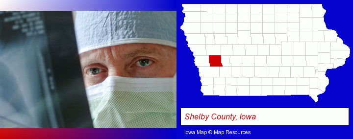 a physician viewing x-ray results; Shelby County, Iowa highlighted in red on a map