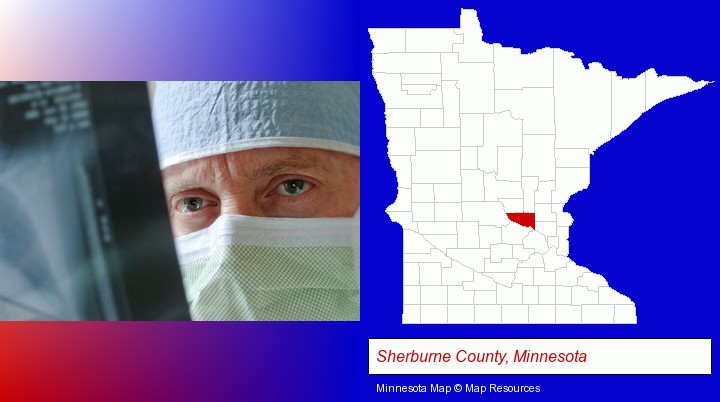 a physician viewing x-ray results; Sherburne County, Minnesota highlighted in red on a map
