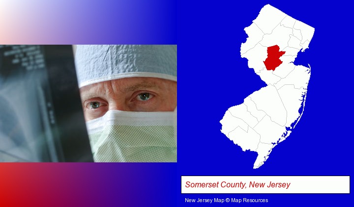 a physician viewing x-ray results; Somerset County, New Jersey highlighted in red on a map