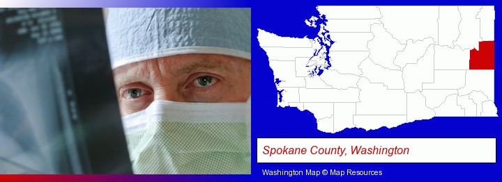 a physician viewing x-ray results; Spokane County, Washington highlighted in red on a map