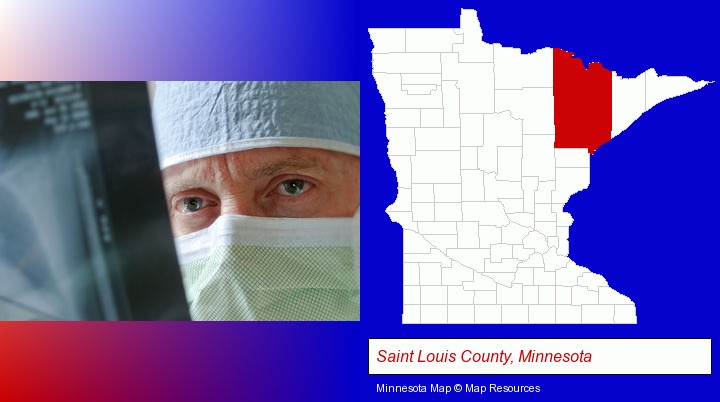 a physician viewing x-ray results; Saint Louis County, Minnesota highlighted in red on a map
