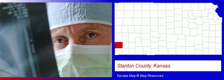 a physician viewing x-ray results; Stanton County, Kansas highlighted in red on a map