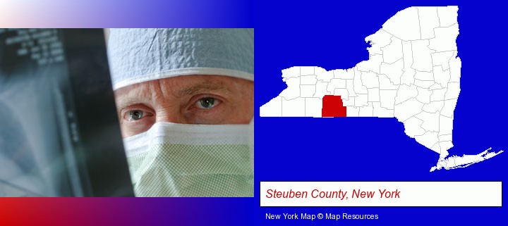 a physician viewing x-ray results; Steuben County, New York highlighted in red on a map
