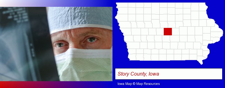 a physician viewing x-ray results; Story County, Iowa highlighted in red on a map