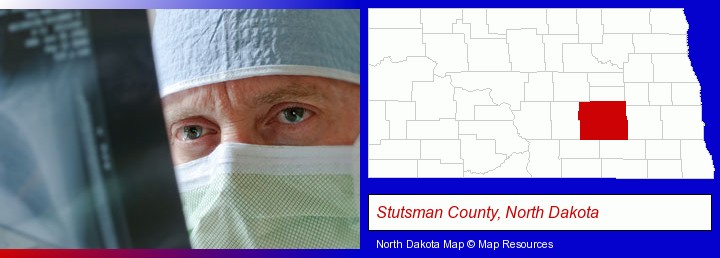 a physician viewing x-ray results; Stutsman County, North Dakota highlighted in red on a map
