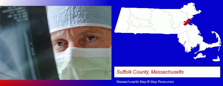 a physician viewing x-ray results; Suffolk County, Massachusetts highlighted in red on a map