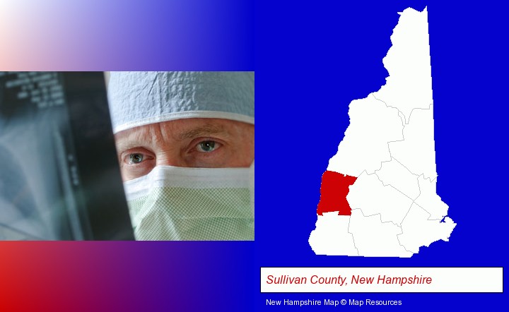 a physician viewing x-ray results; Sullivan County, New Hampshire highlighted in red on a map