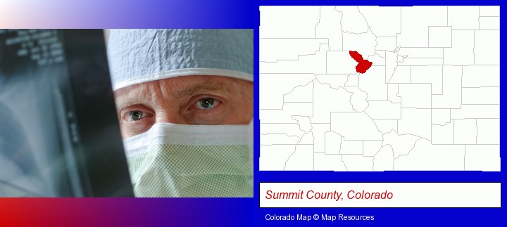 a physician viewing x-ray results; Summit County, Colorado highlighted in red on a map