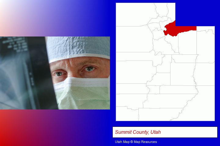 a physician viewing x-ray results; Summit County, Utah highlighted in red on a map