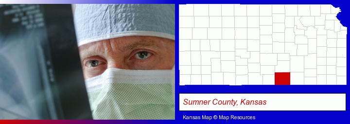 a physician viewing x-ray results; Sumner County, Kansas highlighted in red on a map