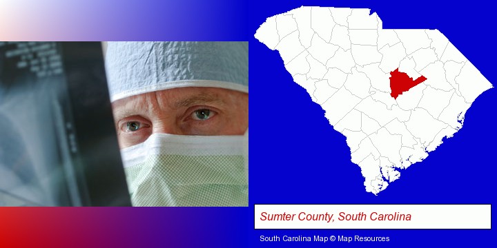 a physician viewing x-ray results; Sumter County, South Carolina highlighted in red on a map