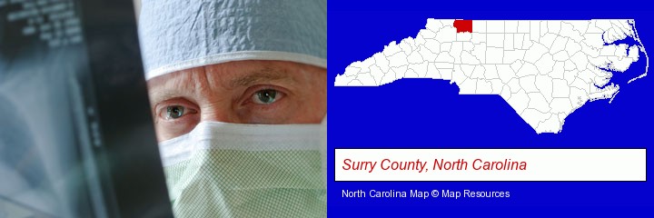 a physician viewing x-ray results; Surry County, North Carolina highlighted in red on a map